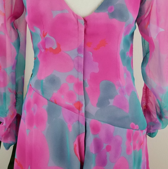 VTG 70s Miss Elliette Watercolor Chiffon Dress - Picture 9 of 14